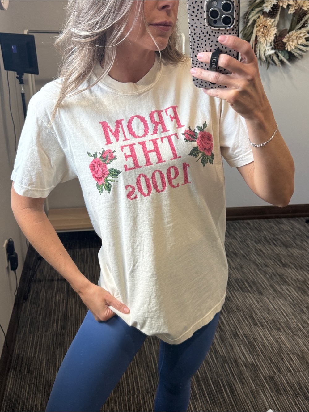 Cream Graphic Tee with Pink Rose Print